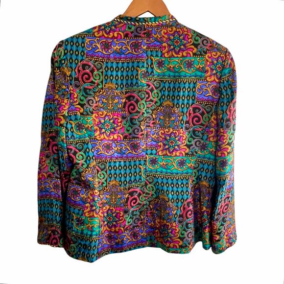 Adrianna Papell VTG Vibrant Jewel Tone Multicolor 100% Silk Print Blazer Sz 14P - Picture 3 of 7